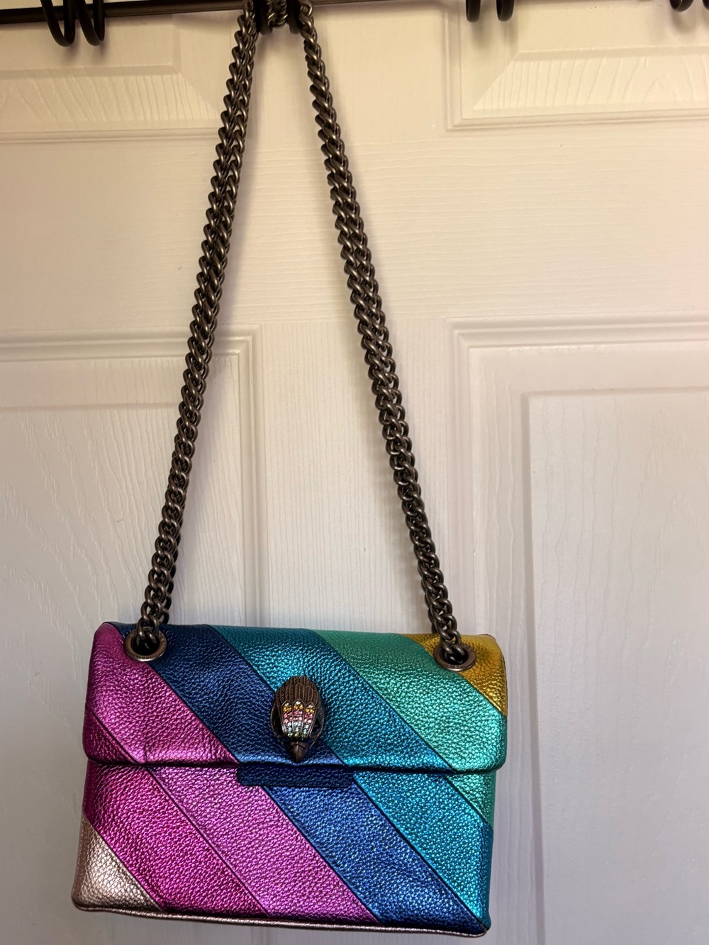 Authentic Kurt Geiger London Mini Kensington Leather Crossbody Bag Metallic Rain